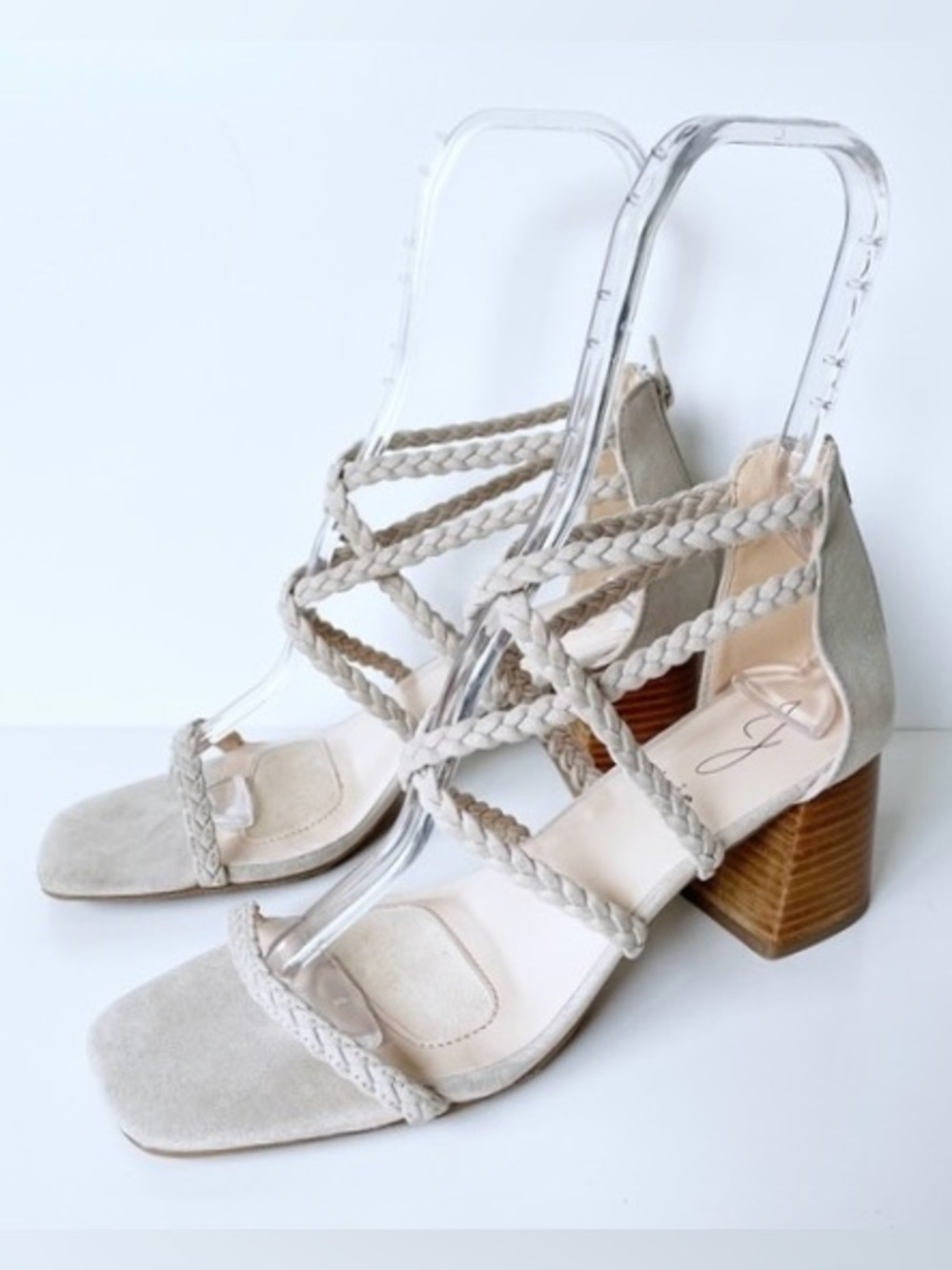 Joie SUEDE braided Strappy HEELS beige tan Felina Sandals Size 8 block heel NWOB
